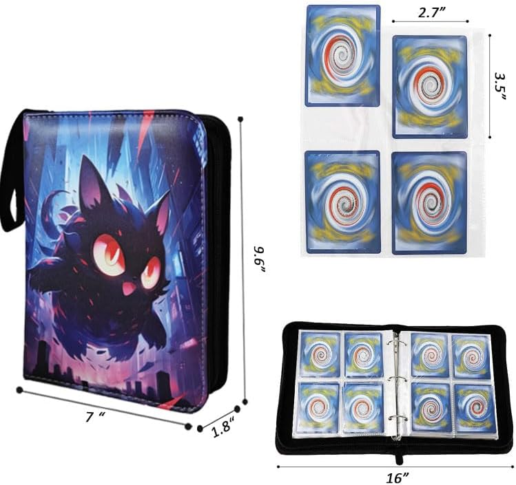 NUOSWEK Trading Card Binder 4 Pocket, 3-Ring Zipper 400 Pockets Binder with 50 Removable Sleeves，Card Holder Album for Trading Cards,MTG, TCG, Yugioh Cards (Cat Monster) - Image 3